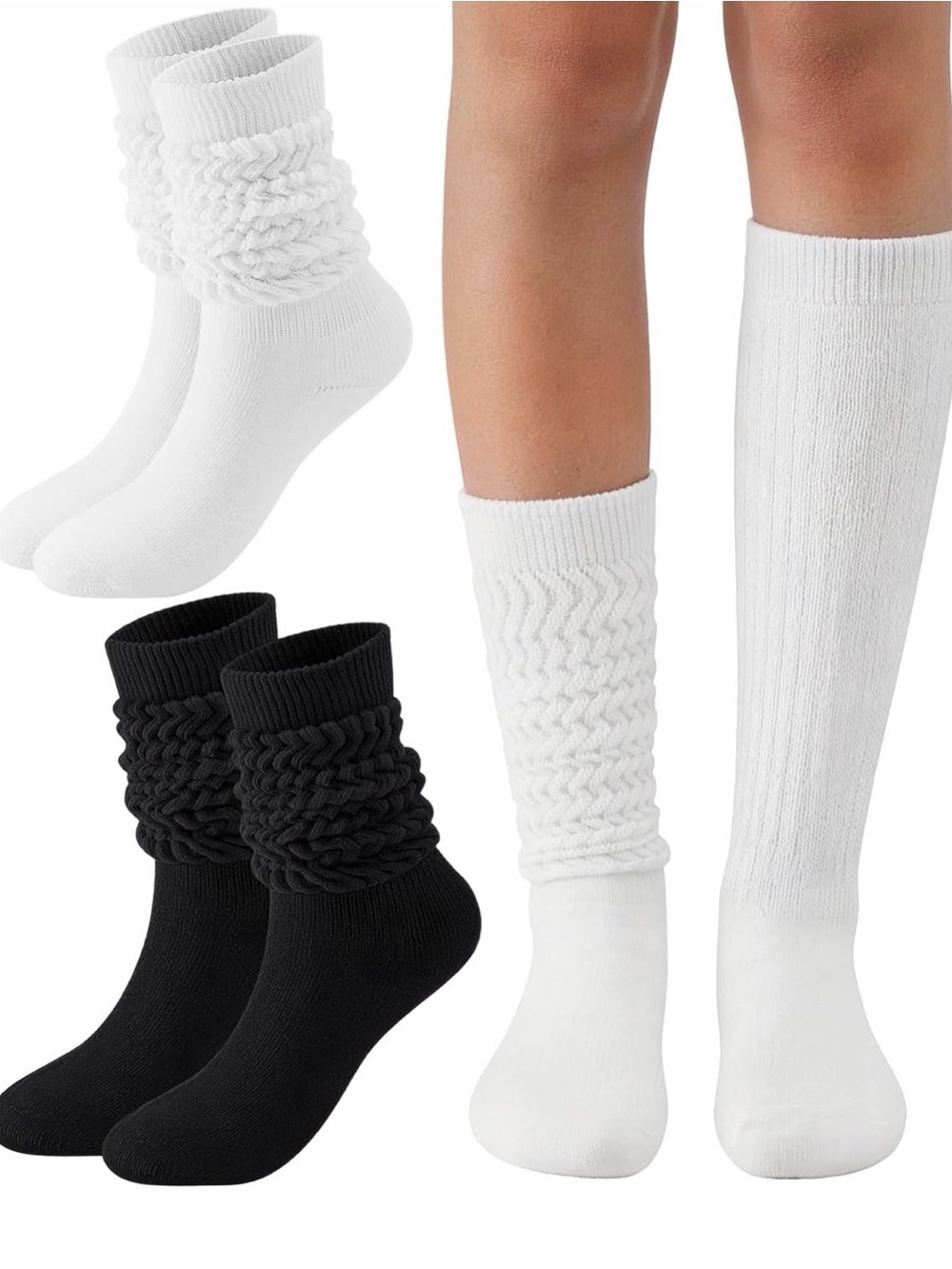 Knit Crew & Knee High Socks Duo - White and Black